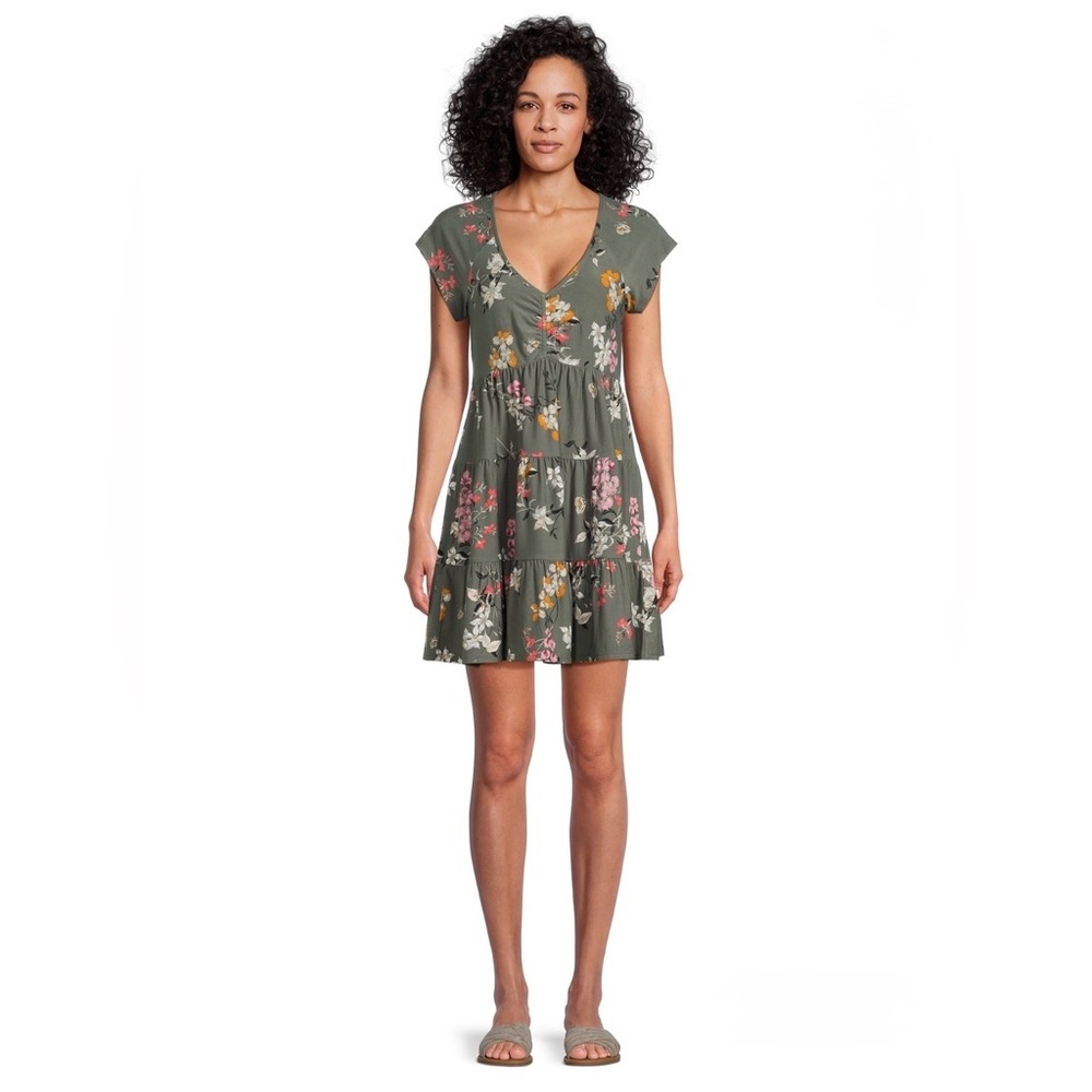 No Boundaries Women‎ XXL Floral Butterfly Tiered Babydoll Mini Dress Olive Green - Picture 2 of 6